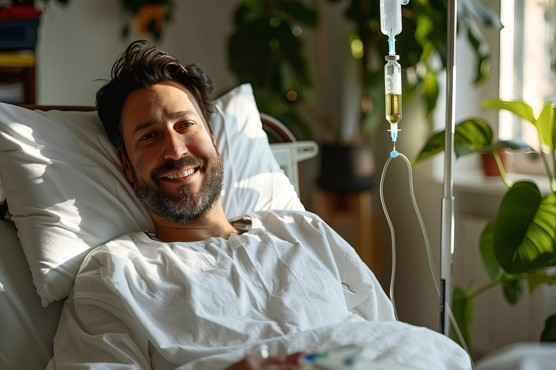 Smiling male patient recovering in hospital bed while receiving intravenous therapy