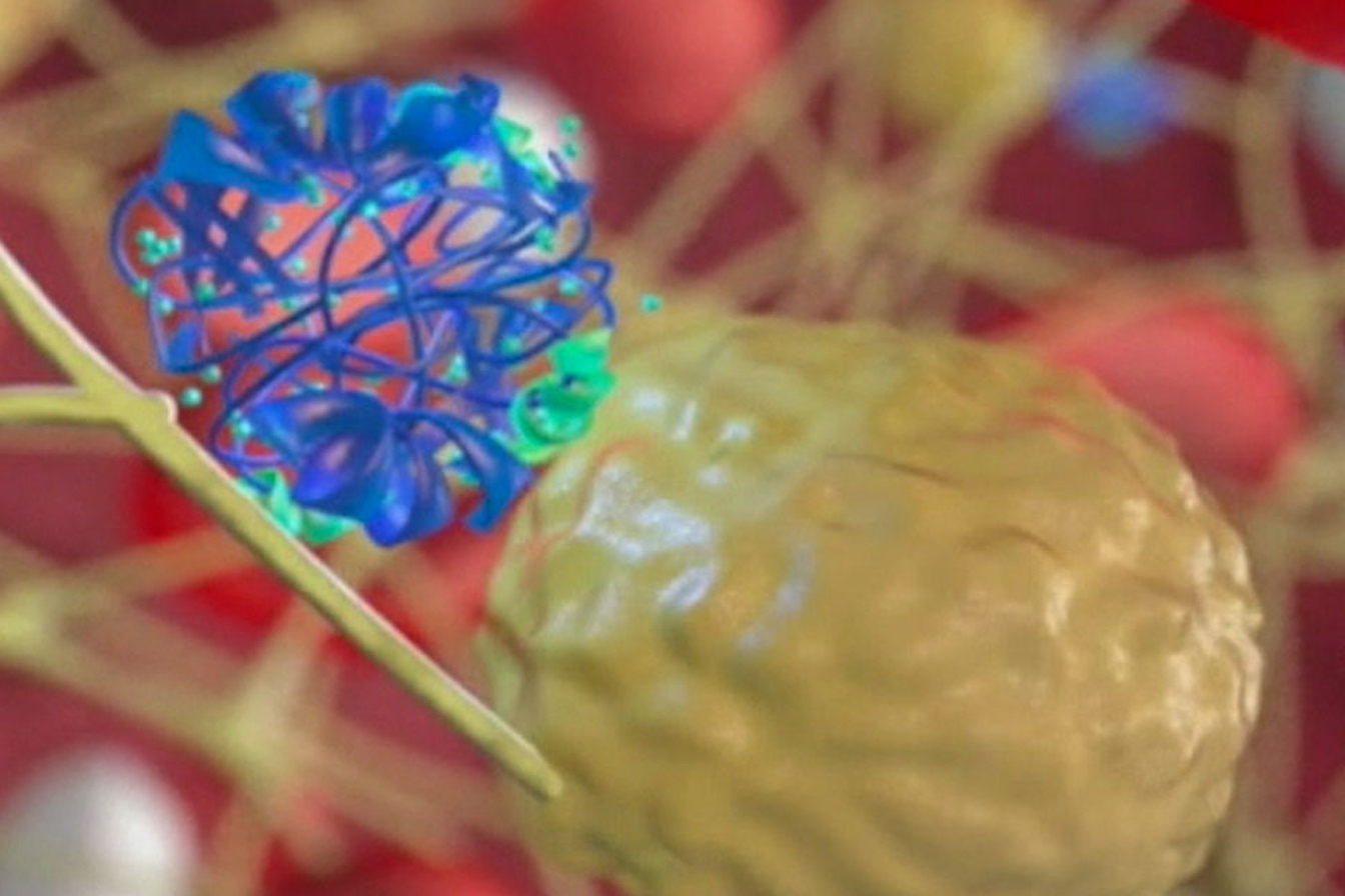 3D molecular visualization of urokinase enzyme interacting with a fibrin clot structure, illustrating the mechanism of thrombolysis in targeted clot degradation therapy.