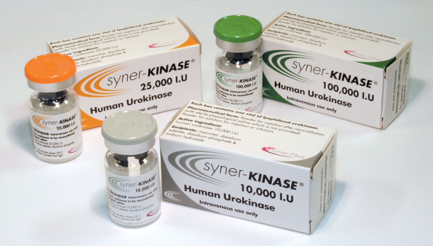Syner-Kinase® Human Urokinase vials and packaging in 10,000, 25,000, and 100,000 IU doses