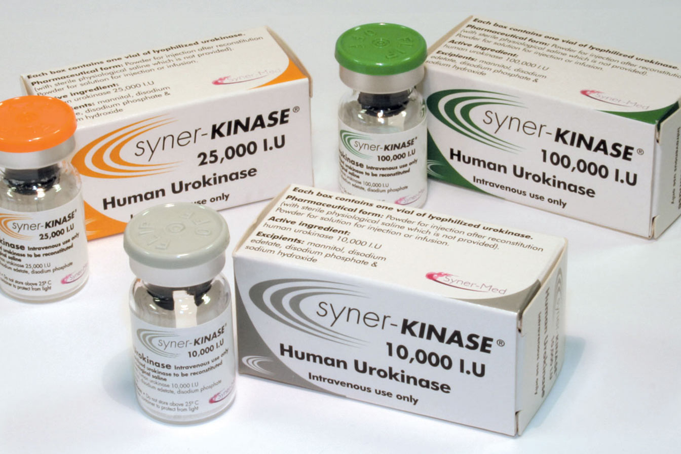 Syner-Kinase® Human Urokinase vials and packaging in 10,000, 25,000, and 100,000 IU doses, used for intravenous thrombolytic therapy in stroke and heart attack treatment.